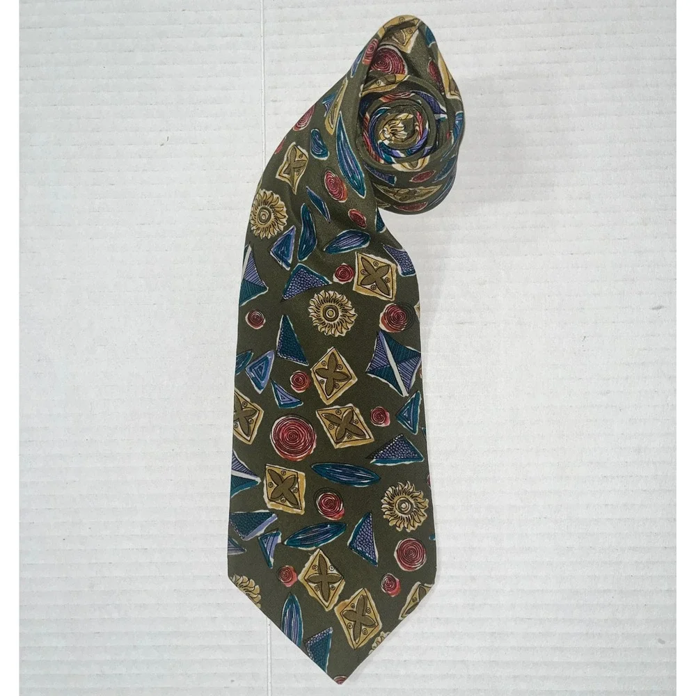 John Henry Mens Silk Crepe Tie Olive Green Geometric Abstract Vintage USA Made